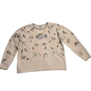 Vtg Artisans Sweatshirt Womens M Fleece Barn Pinecones V-Neck Pullover Crunchy